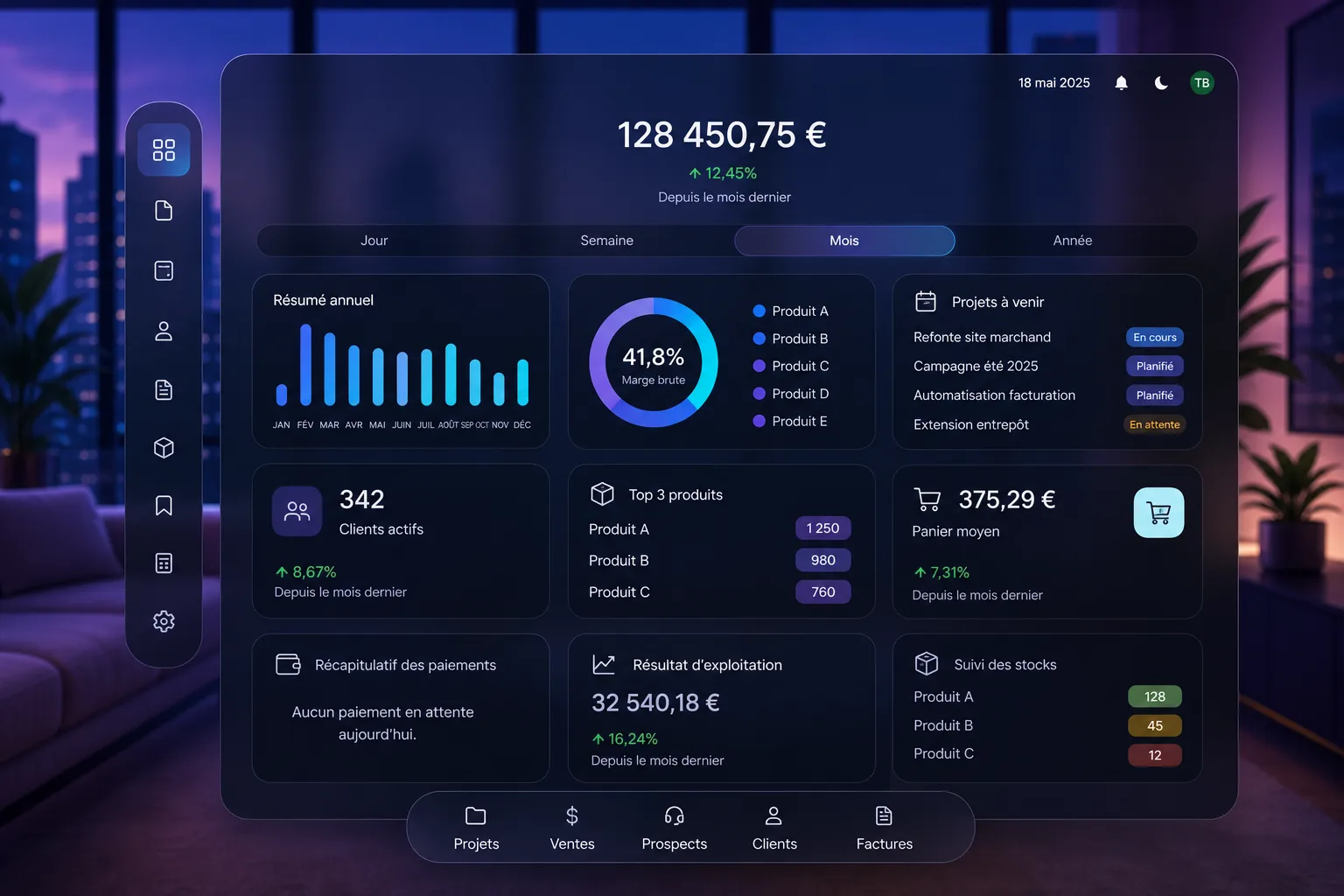 Tableau de bord AuraPro : ventes, stocks, projets et indicateurs d'activité