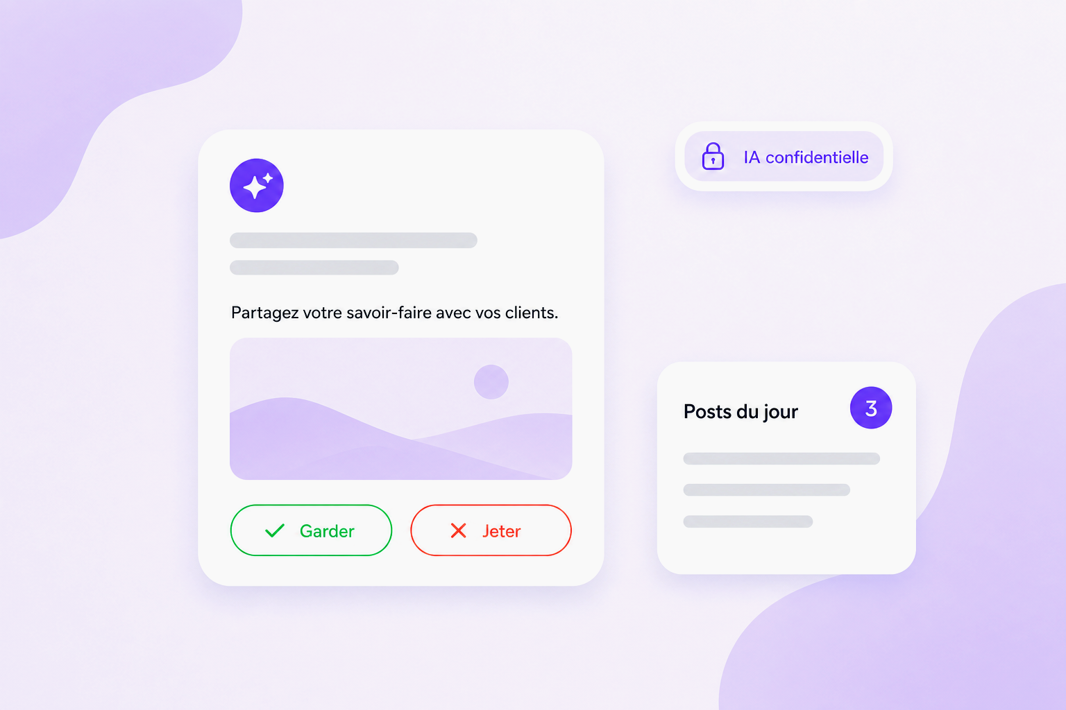 Interface AuraPro : posts réseaux sociaux et vidéo IA proposés pour validation