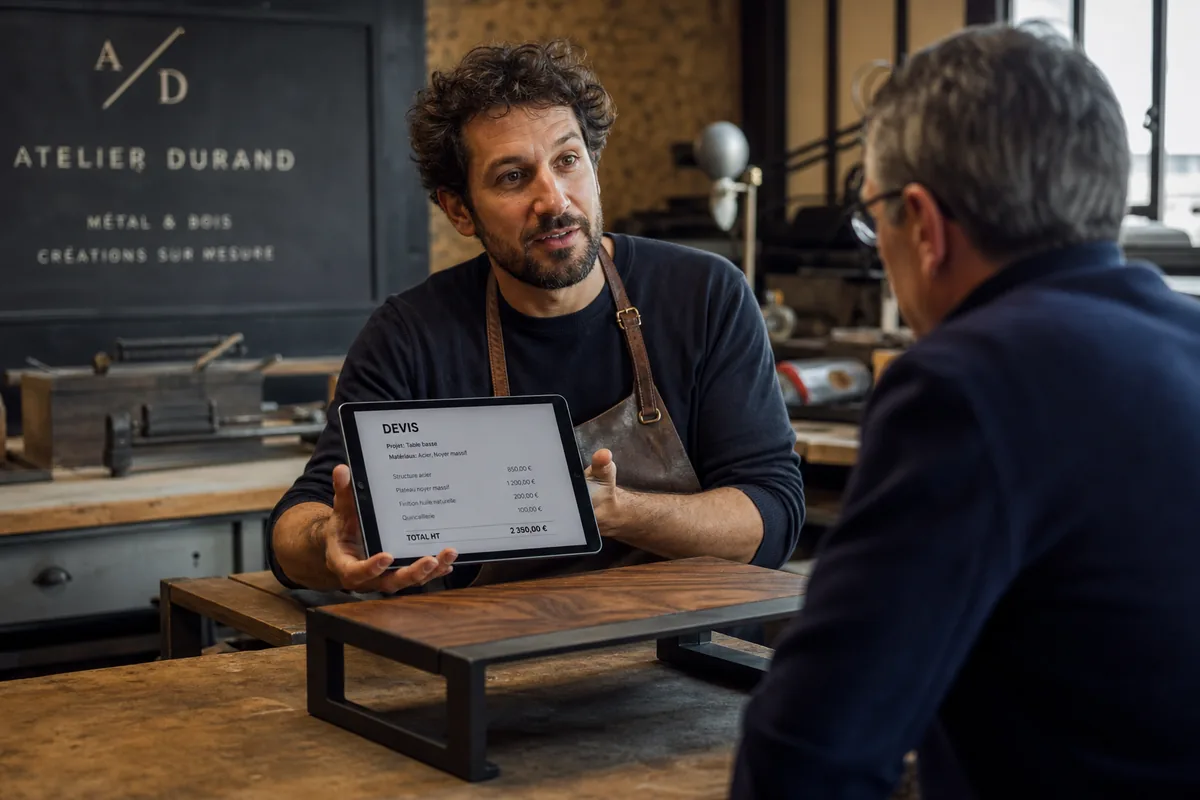 Artisan présentant un devis à un client dans l'atelier