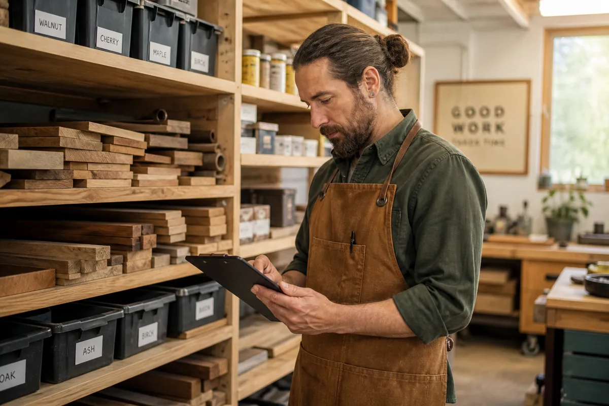 Artisan vérifiant le stock de matériaux dans l'atelier