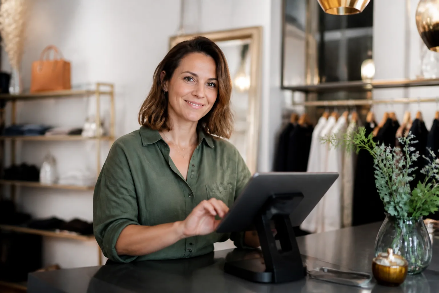 Shopkeeper at AuraPro POS on tablet in her store