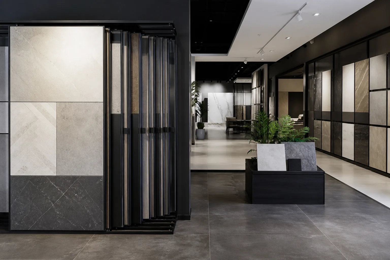 Showroom moderne de magasin de carrelage avec dalles et échantillons exposés