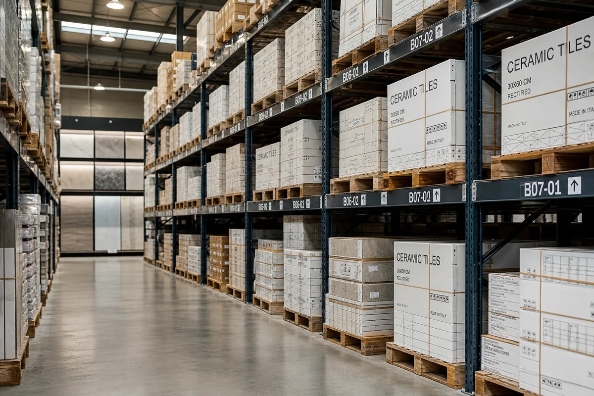 Dépôt de carrelage avec palettes et cartons étiquetés en réserve