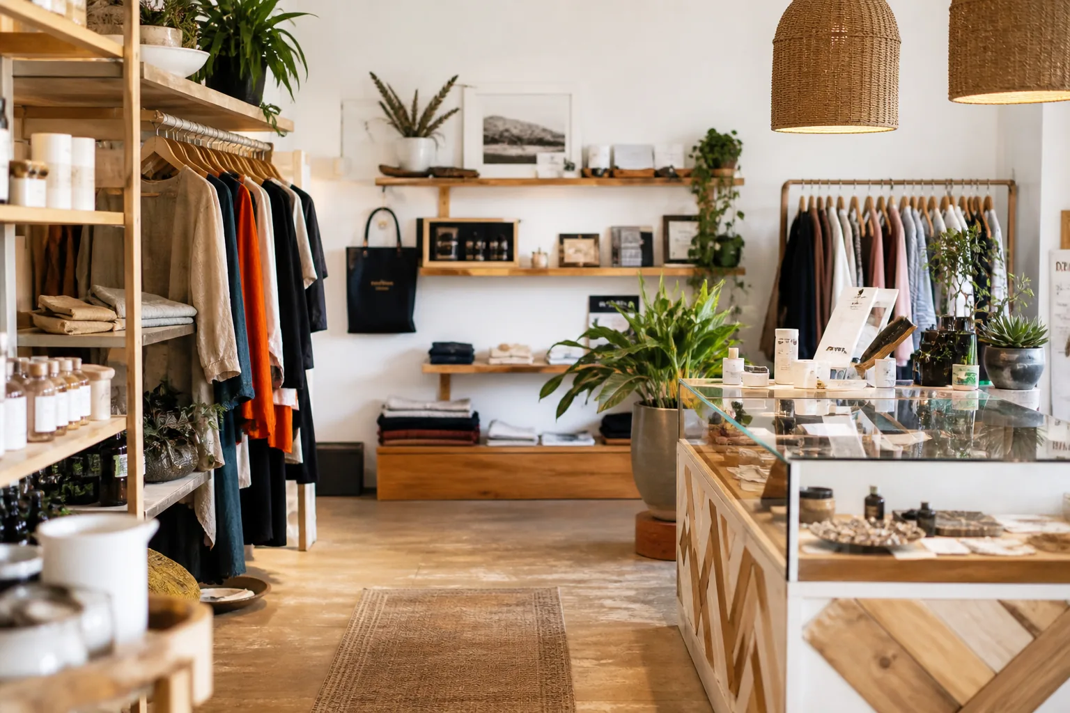 Boutique moderne avec rayons et présentation soignée des produits