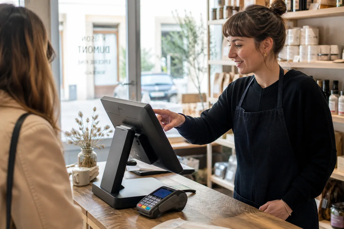 Commerçant utilisant une caisse POS tactile pour encaisser un client en boutique
