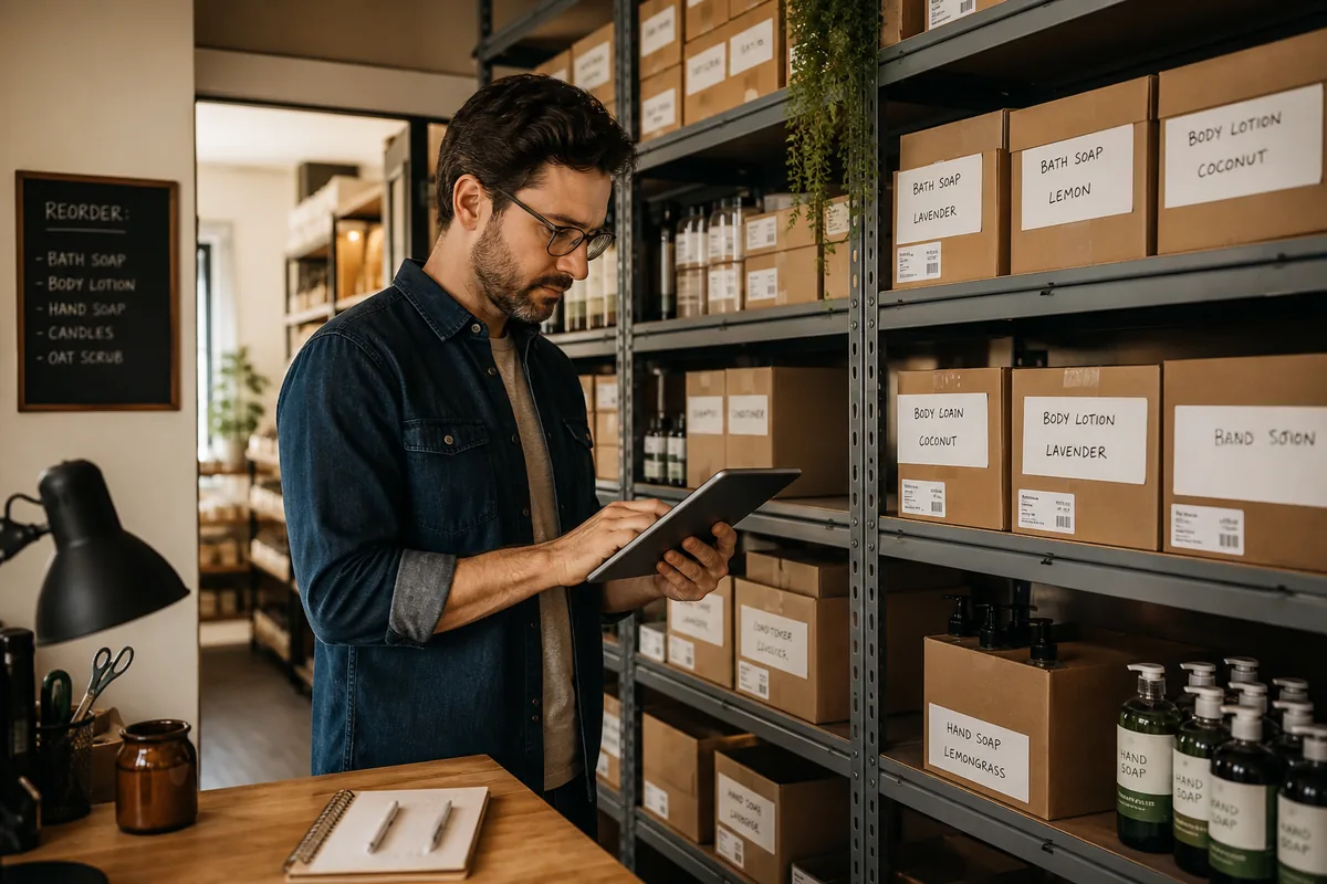 Réserve de magasin avec produits étiquetés et inventaire organisé