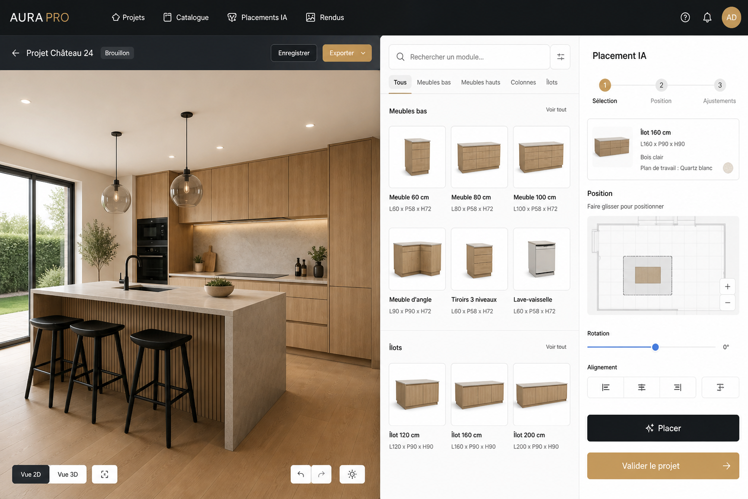 Interface : photo d'une pièce et catalogue de références à placer avec assistance IA