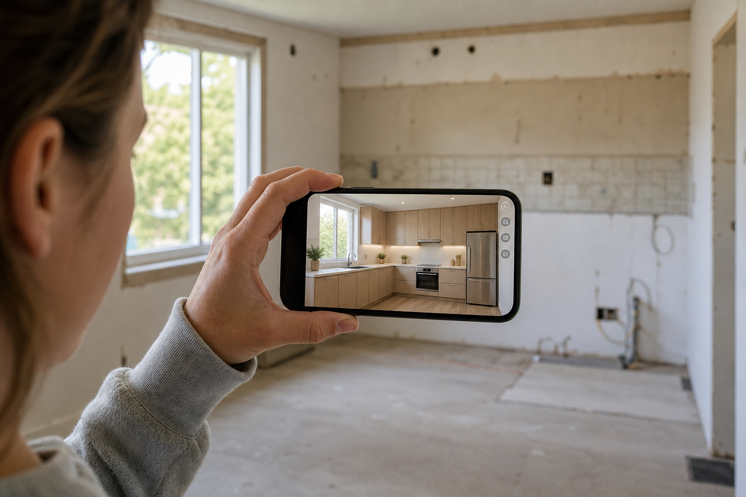 Particulier visualisant un projet d'aménagement sur la photo de sa pièce, smartphone en main