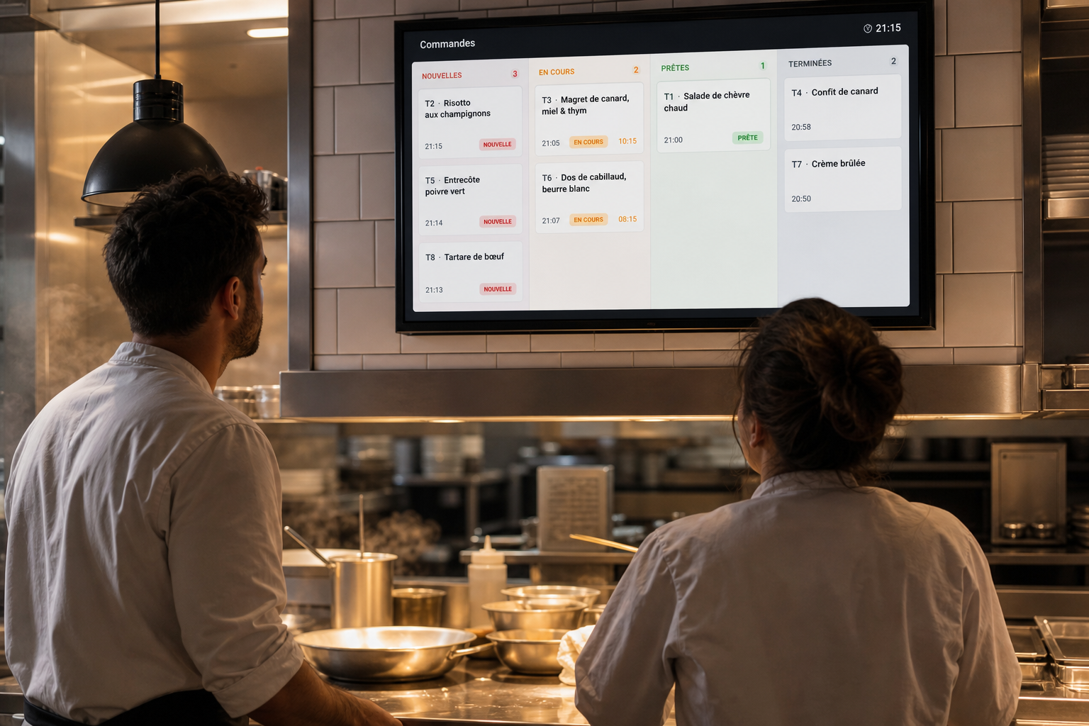 Écran mural en cuisine affichant les commandes de plats à préparer