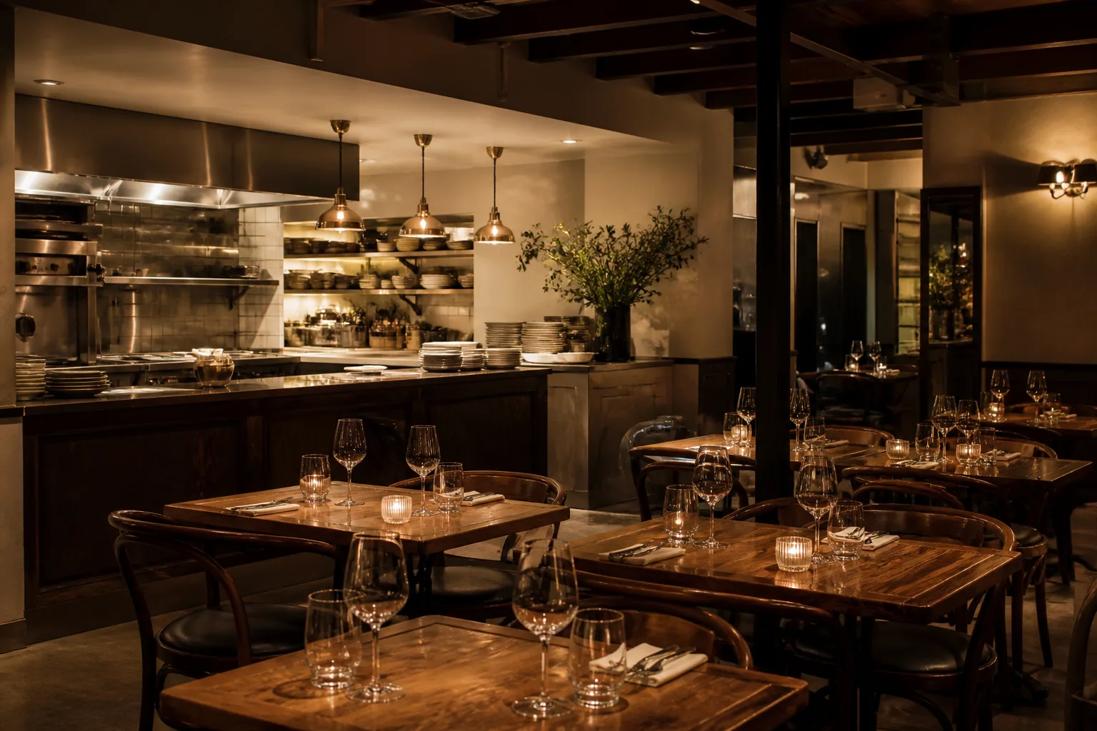 Salle de restaurant moderne prête pour le service du soir