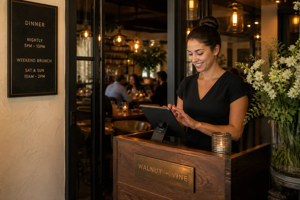 Hôte d'accueil gérant les réservations sur tablette à l'entrée du restaurant
