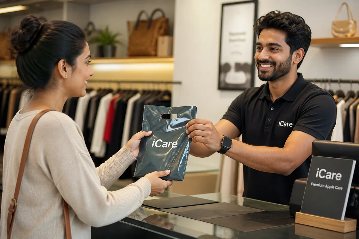 Client récupérant son appareil réparé au comptoir SAV d'une boutique