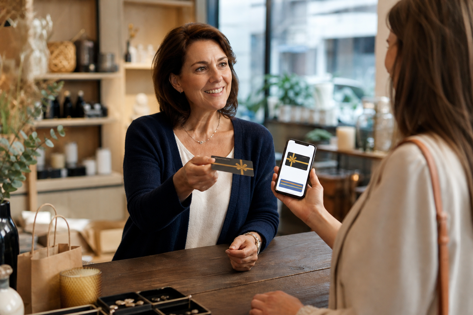 Commerçante remettant une carte cadeau et un wallet mobile à une cliente en boutique