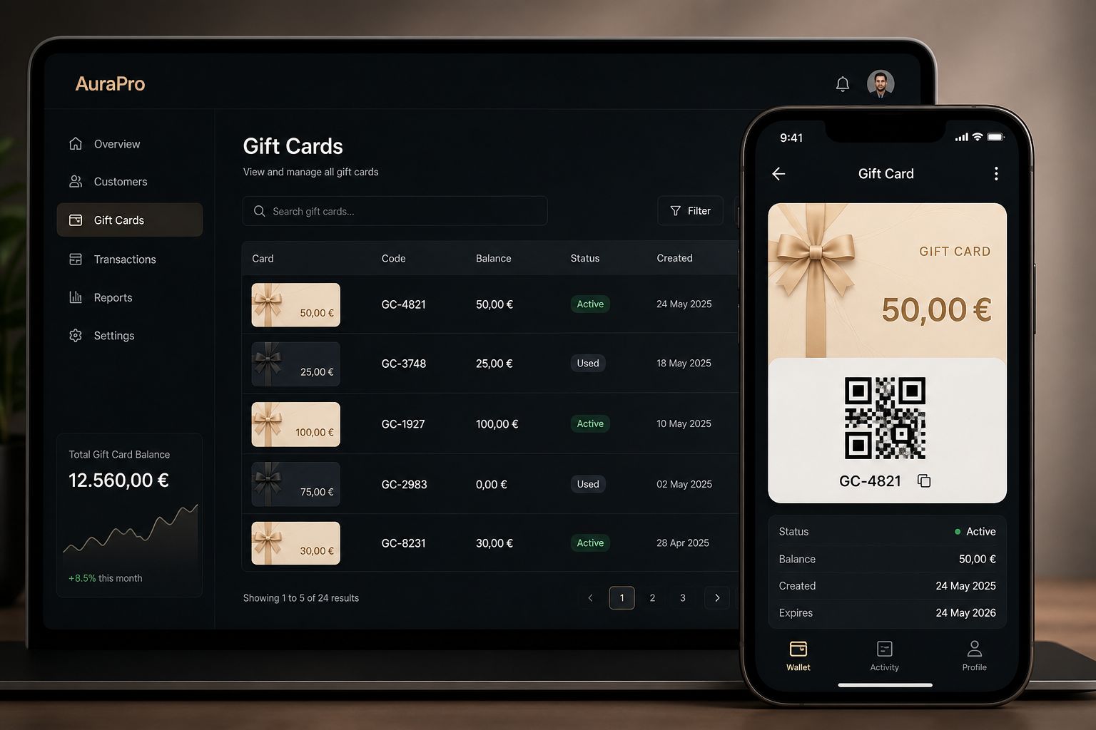 Interface AuraPro : wallet carte cadeau sur mobile et liste des cartes en back-office