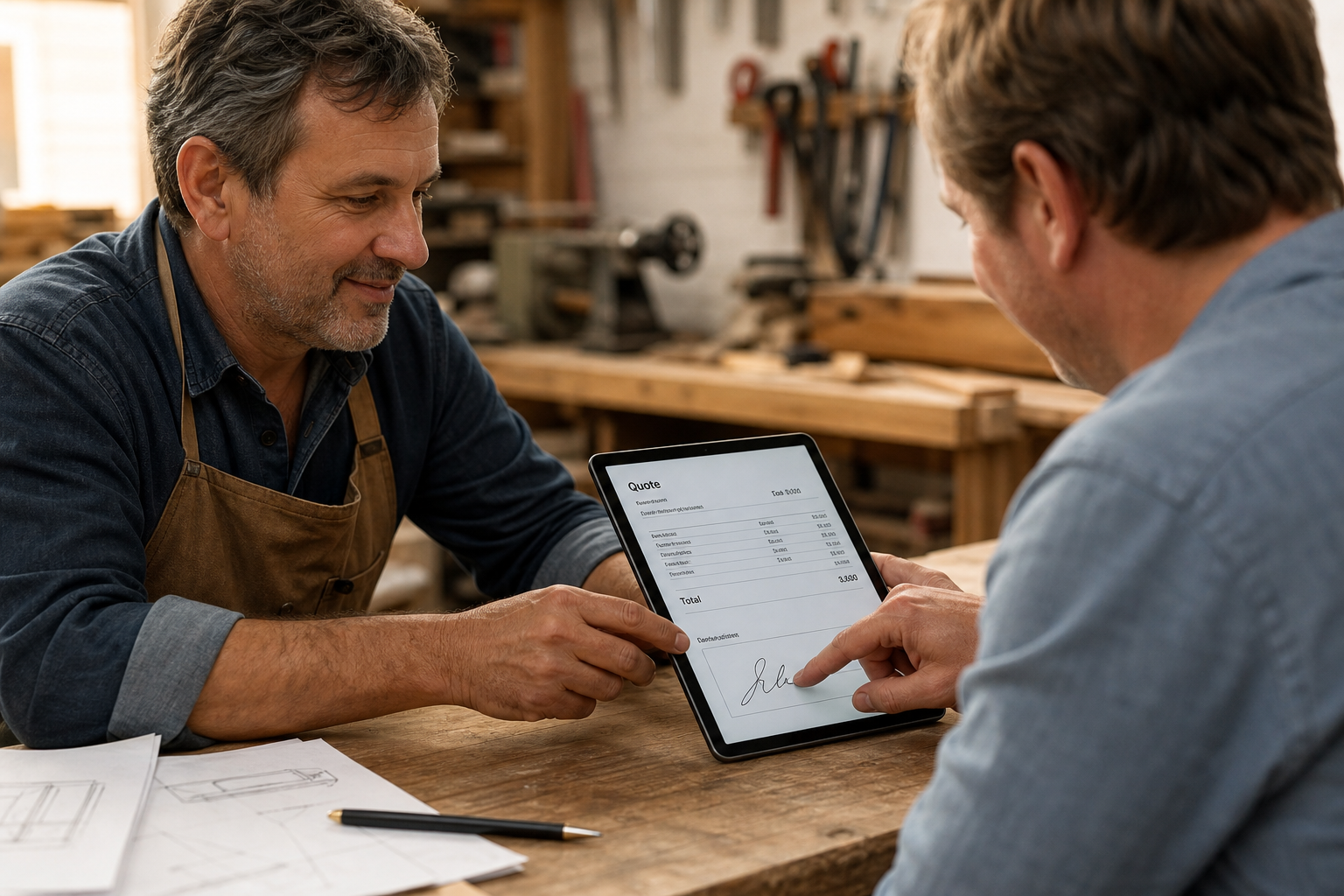 Artisan faisant signer un devis sur tablette à un client en atelier