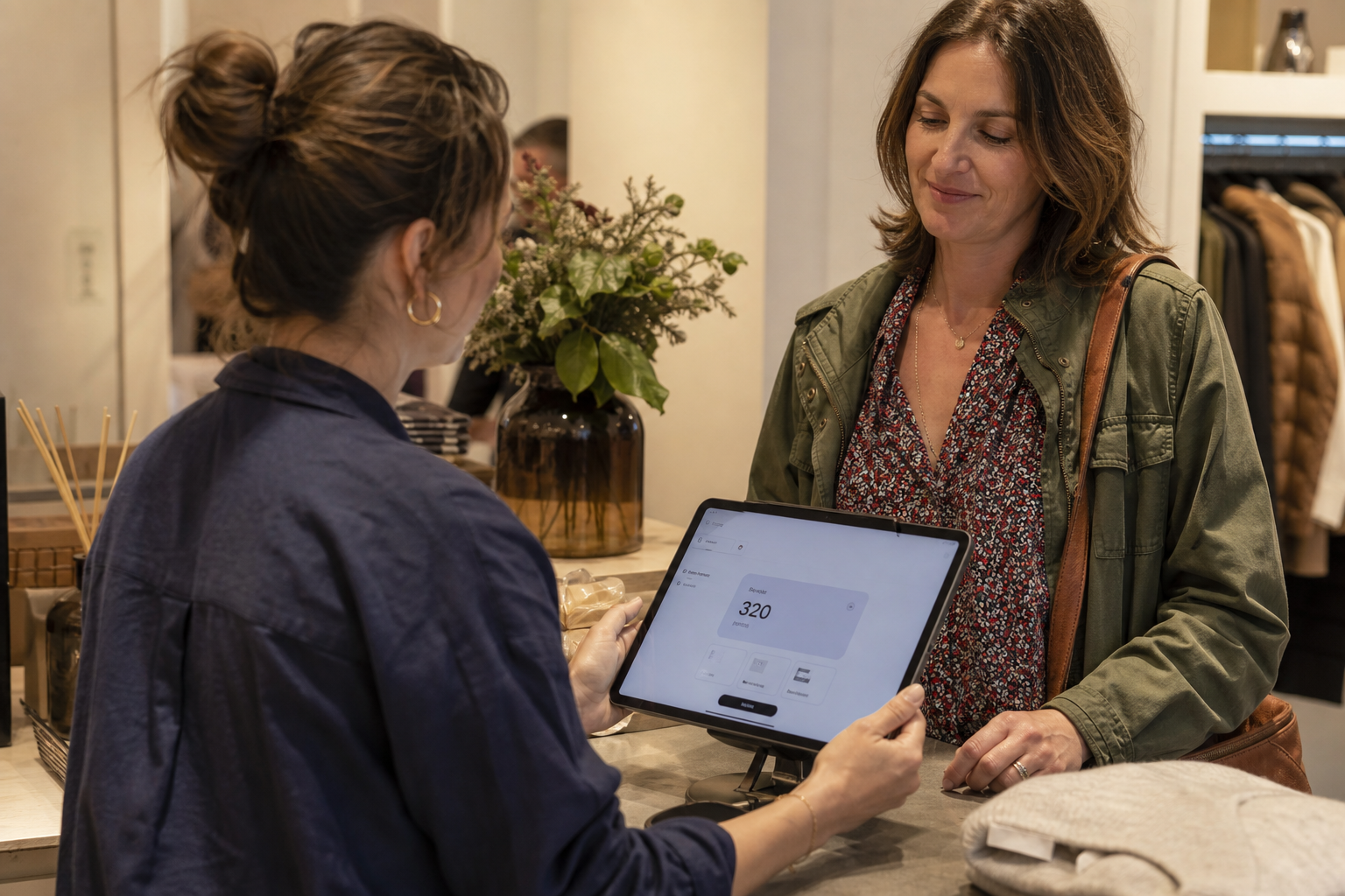 Cliente en caisse consultant ses points de fidélité sur tablette